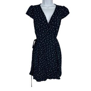 Brandy Melville Navy Blue Floral Wrap Dress W/ Cap Sleeves & Adjustable Waist
